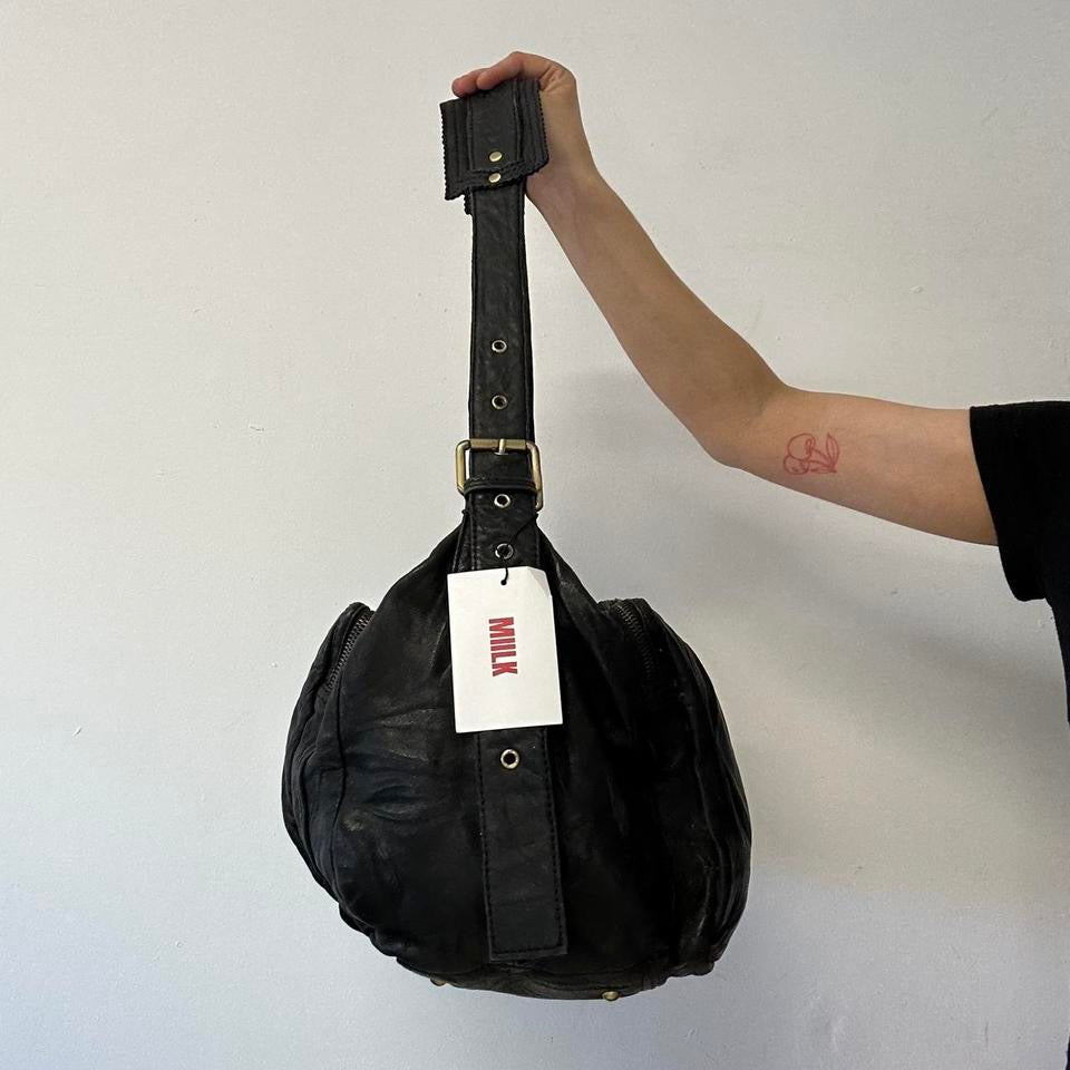 black double pocket genuine leather shoulder / crossbody bag