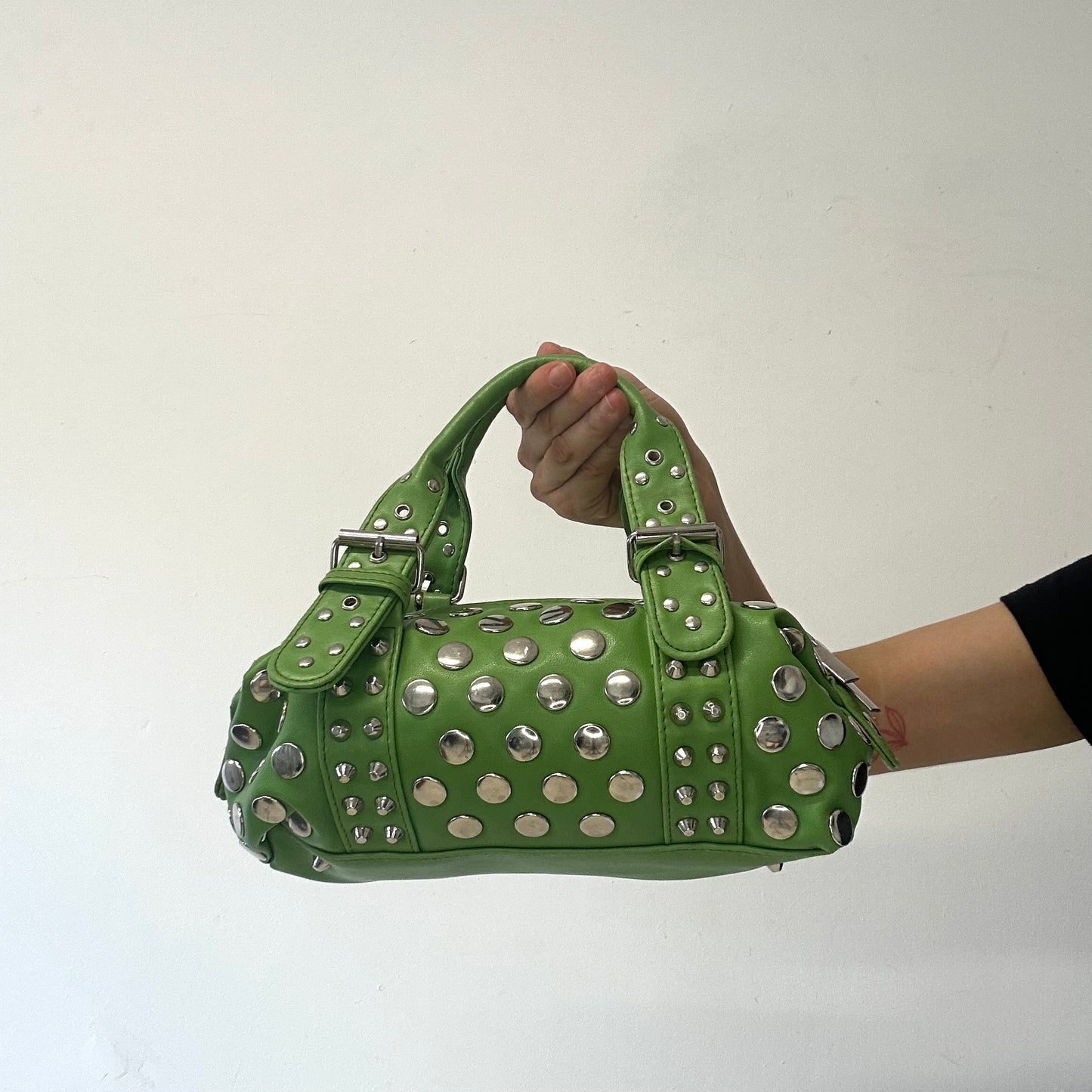 green studded double buckle mini hand bag