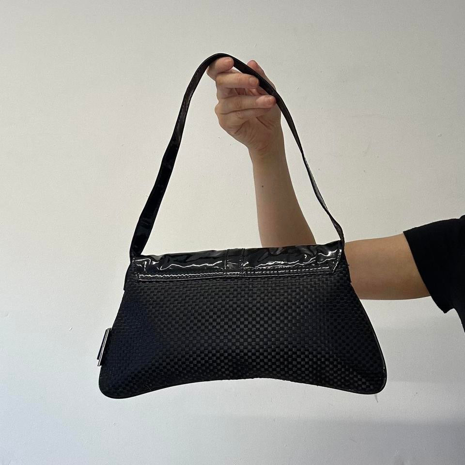 black woven effect oversized buckle shoulder bag