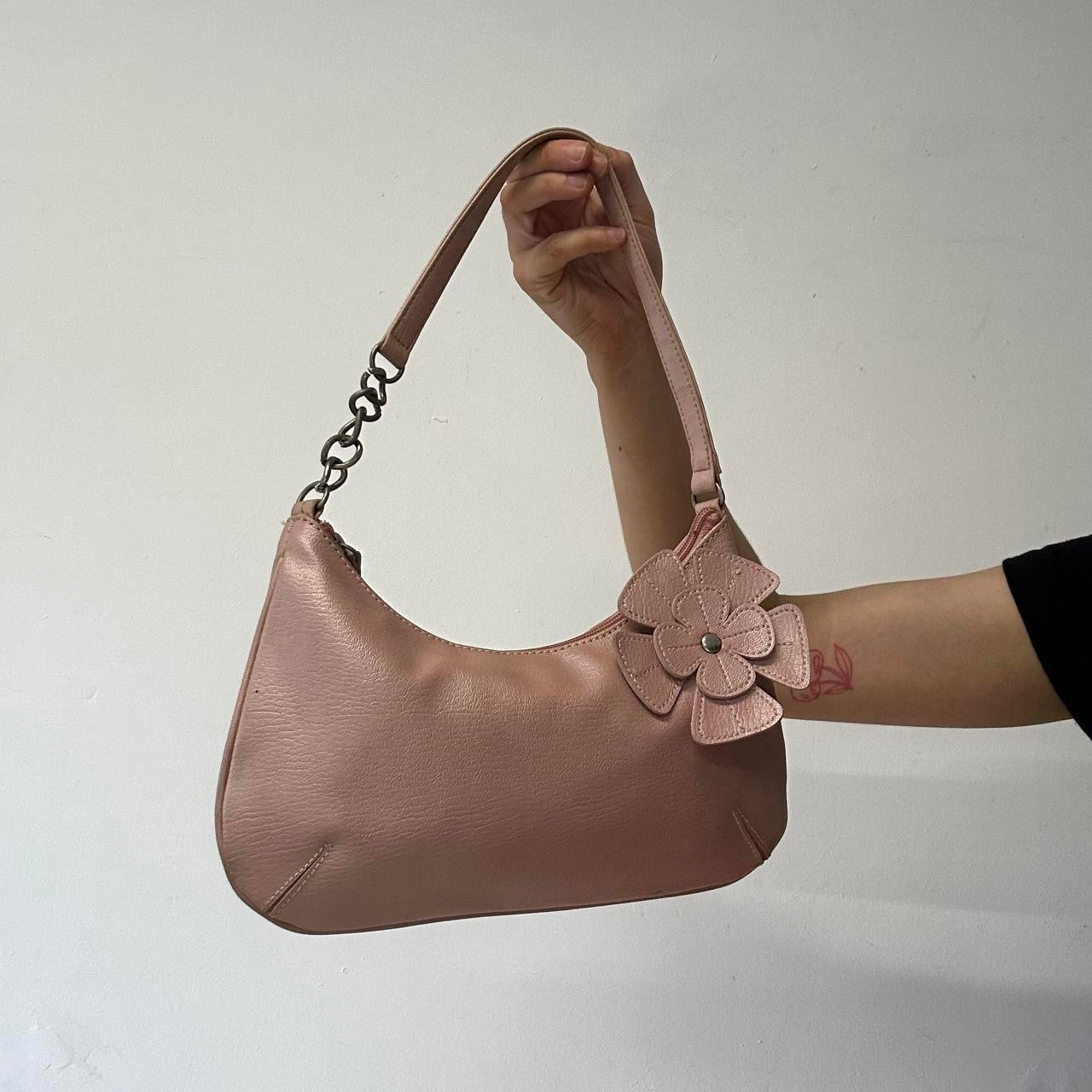 pink flower faux leather shoulder bag