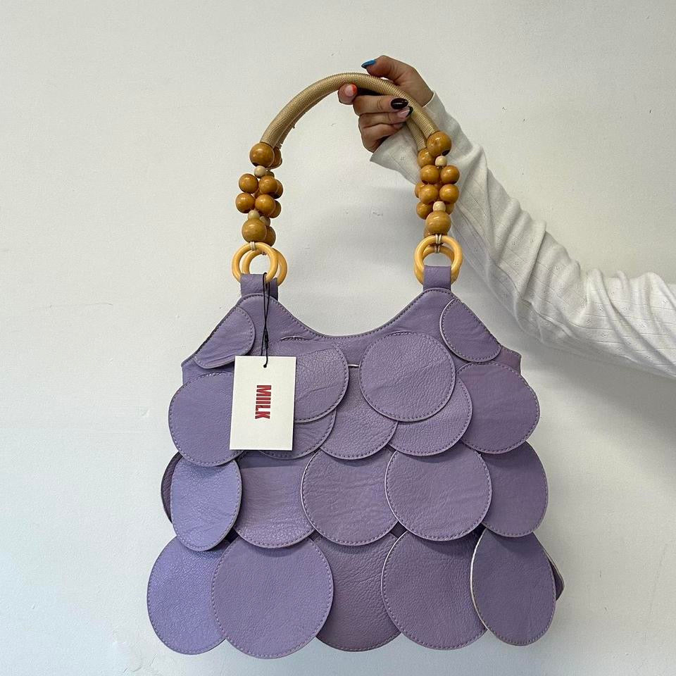 purple leather disc beaded shoulder bag