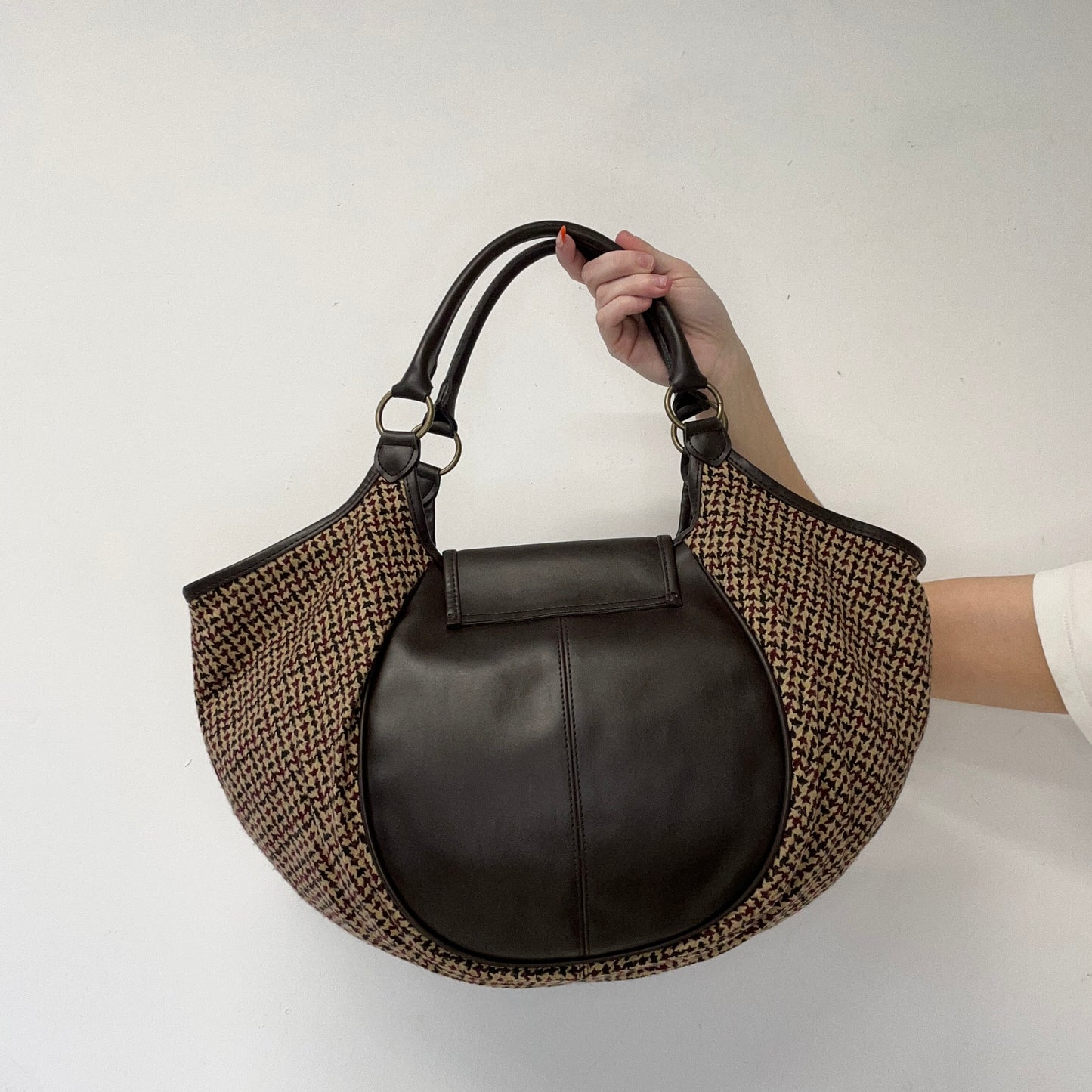 brown and burgundy plaid faux leather shoulder bag