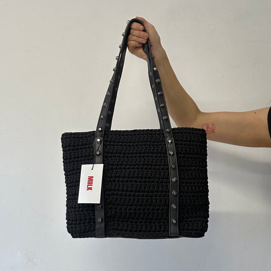 black studded genuine leather woven shoulder bag