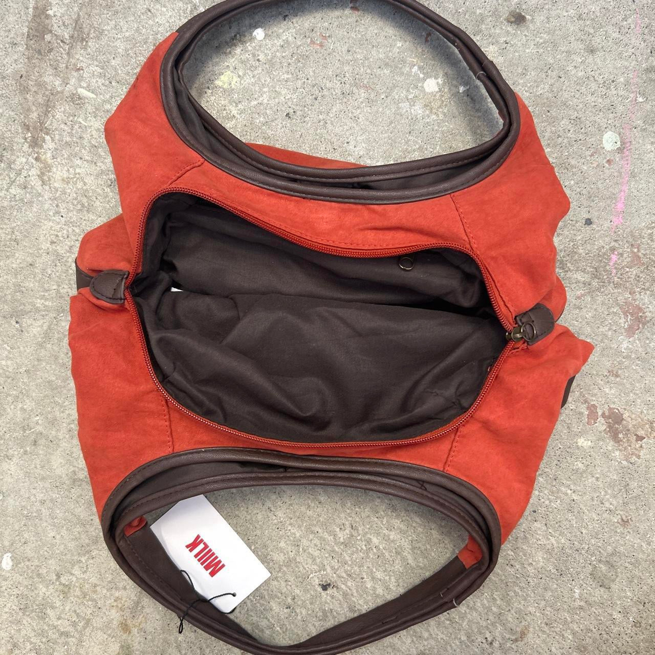burnt orange soft feel and faux leather shoulder bag
