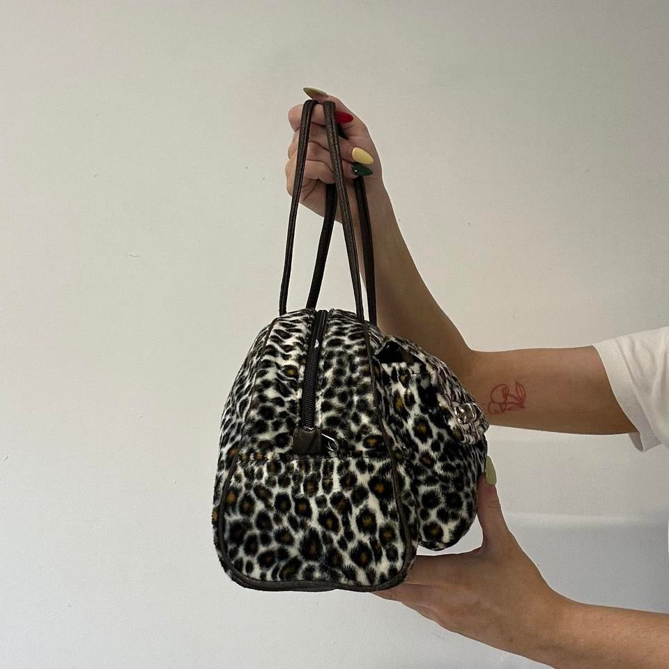 leopard print fleece studded shoulder bag