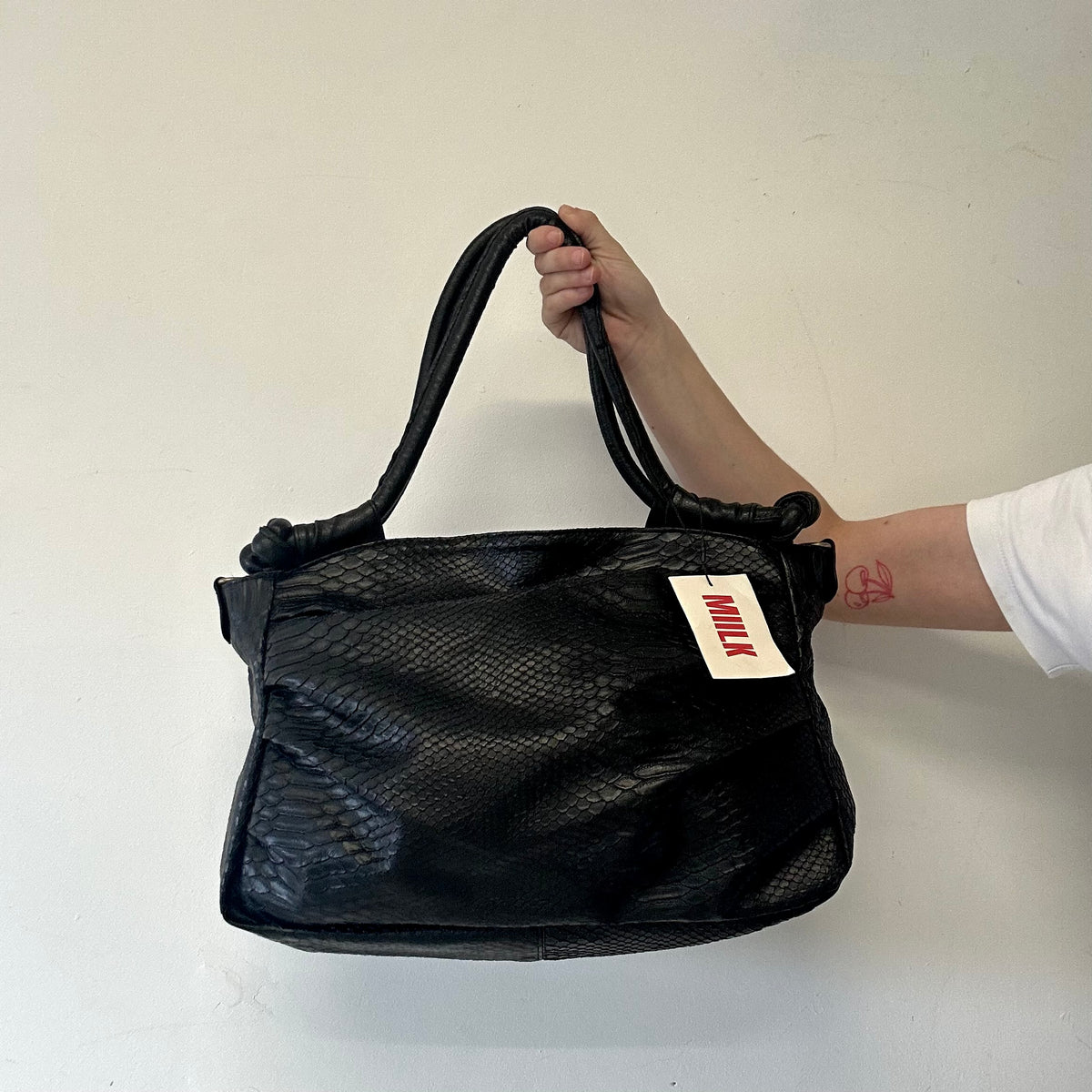 black faux leather croc effect shoulder bag