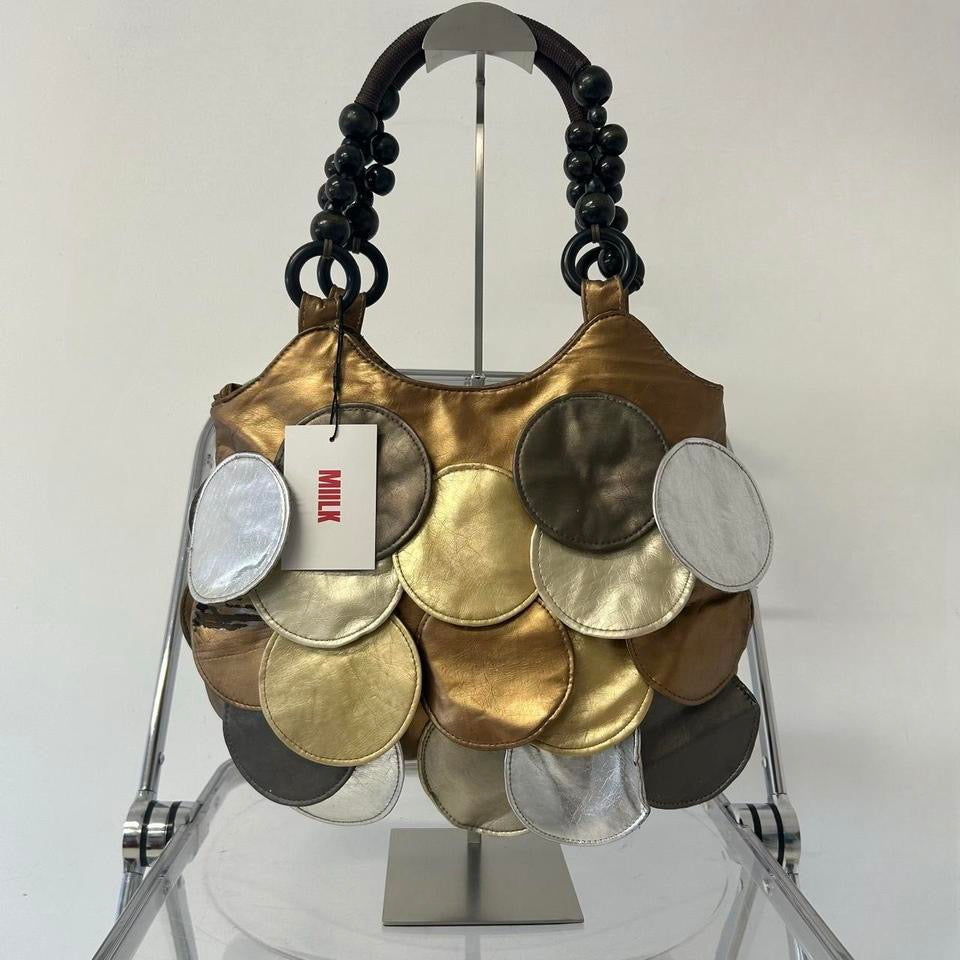 bronze silver gold faux leather disc beaded shoulder bag