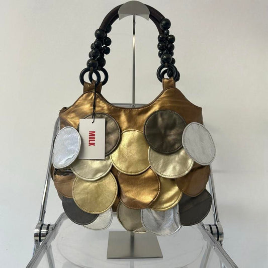 bronze silver gold faux leather disc beaded shoulder bag