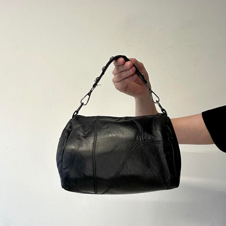 black studded faux leather mini hand bag