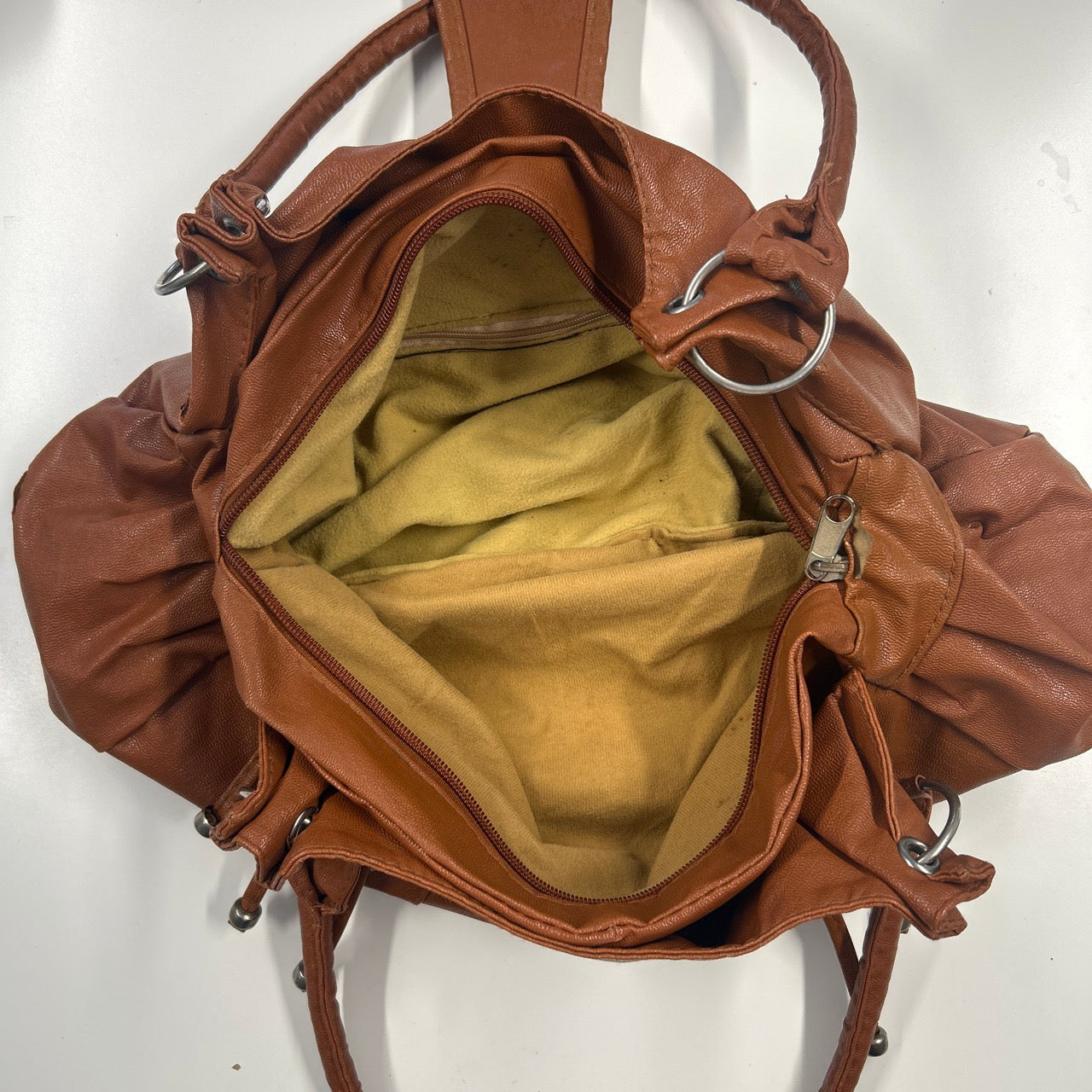 brown faux leather studded buckle shoulder bag