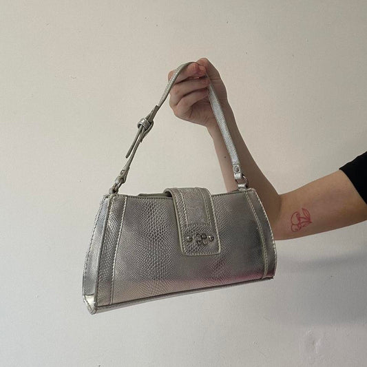 silver faux leather croc effect shoulder bag