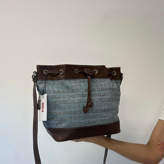 blue and brown crossbody drawstring bag