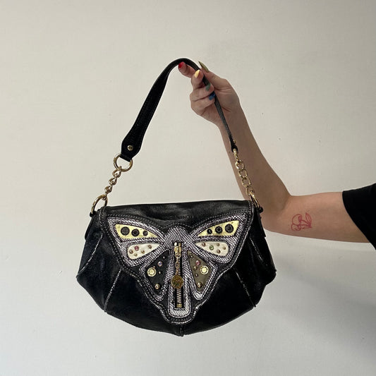 black butterfly studded faux leather shoulder bag