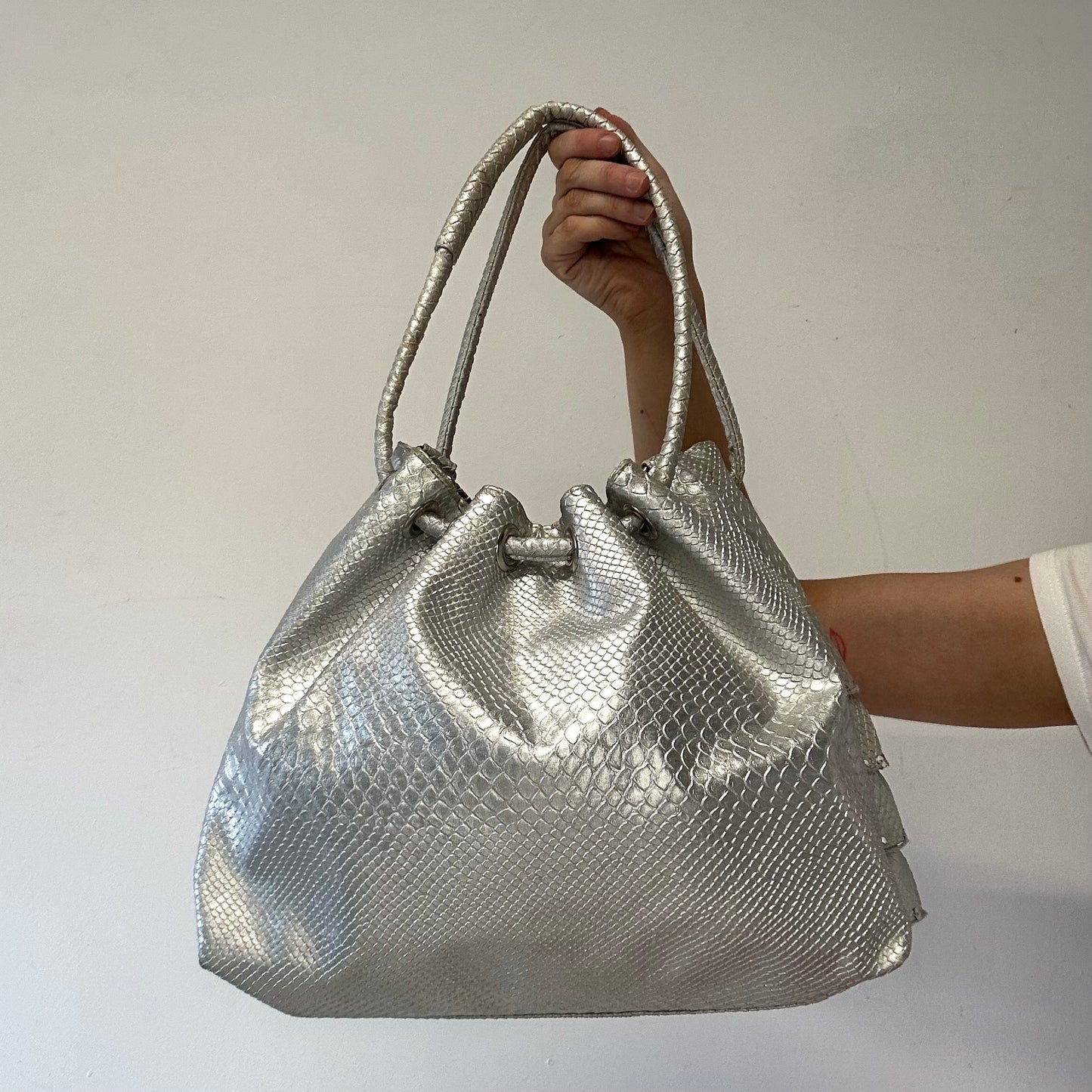 silver croc effect ruffled faux leather shoulder bag