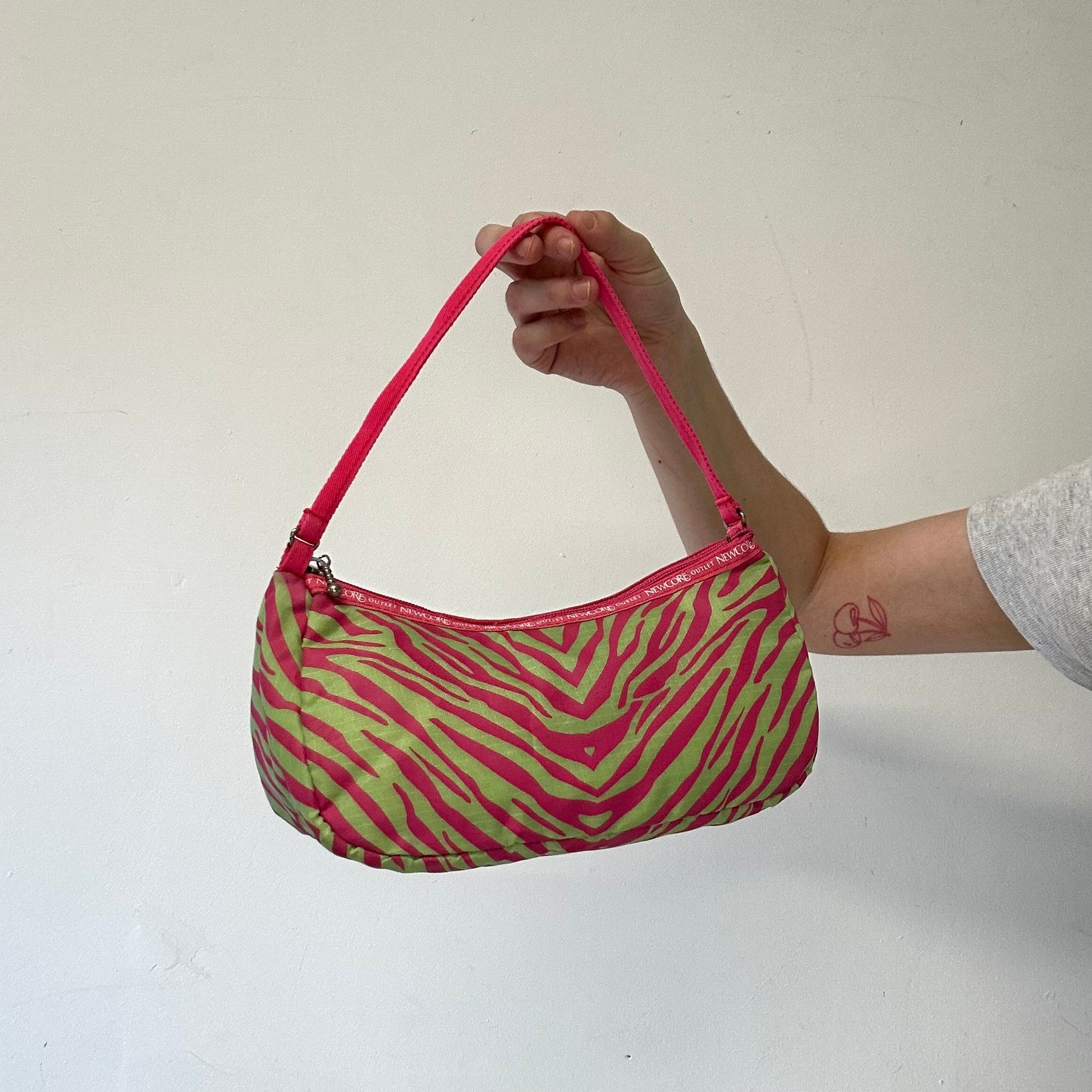 green and pink zebra print canvas shoulder bag