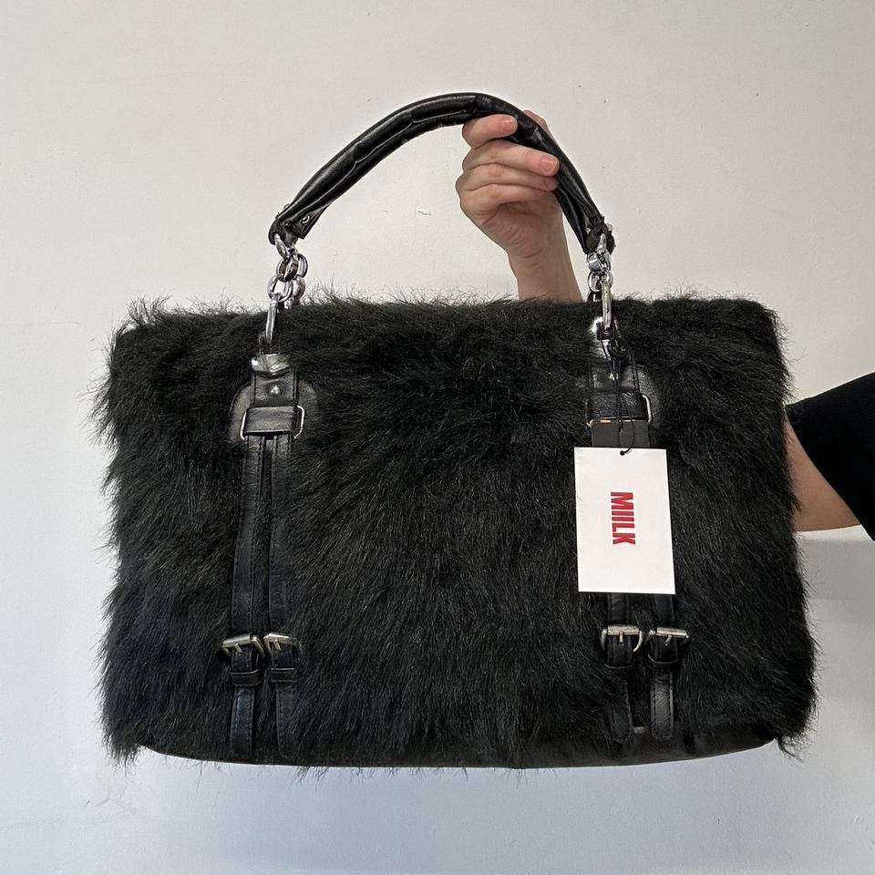 black faux fur buckle handbag