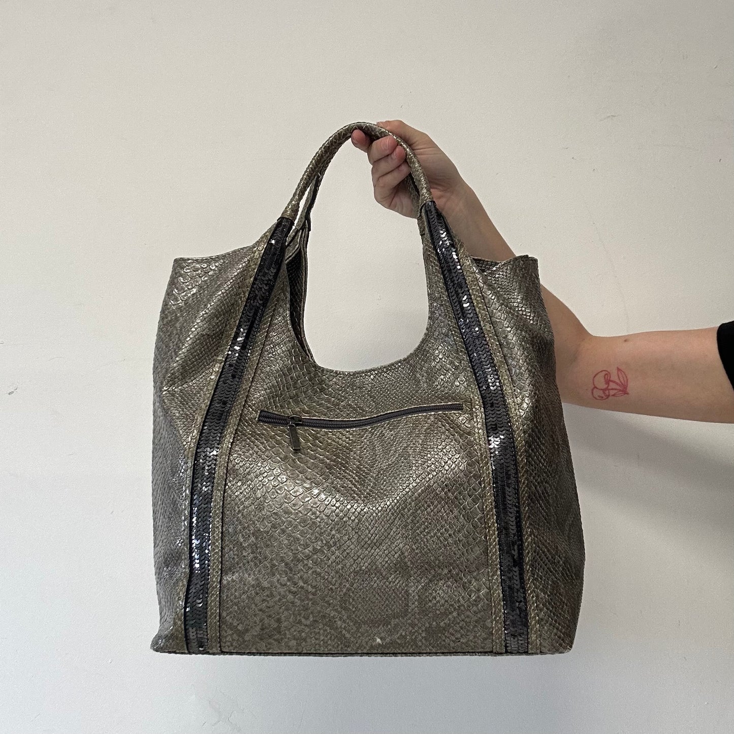 silver and sequinned croc effect faux leather shoulder bag