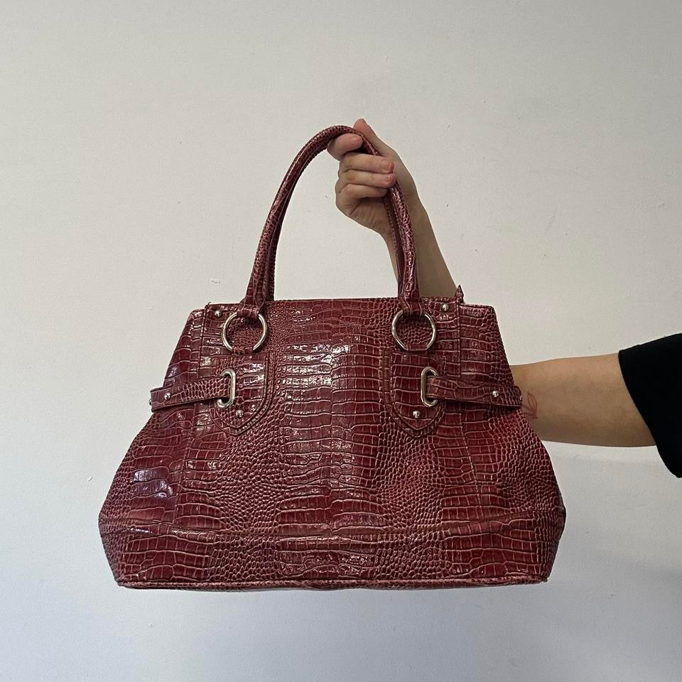 red pink faux leather croc effect shoulder bag