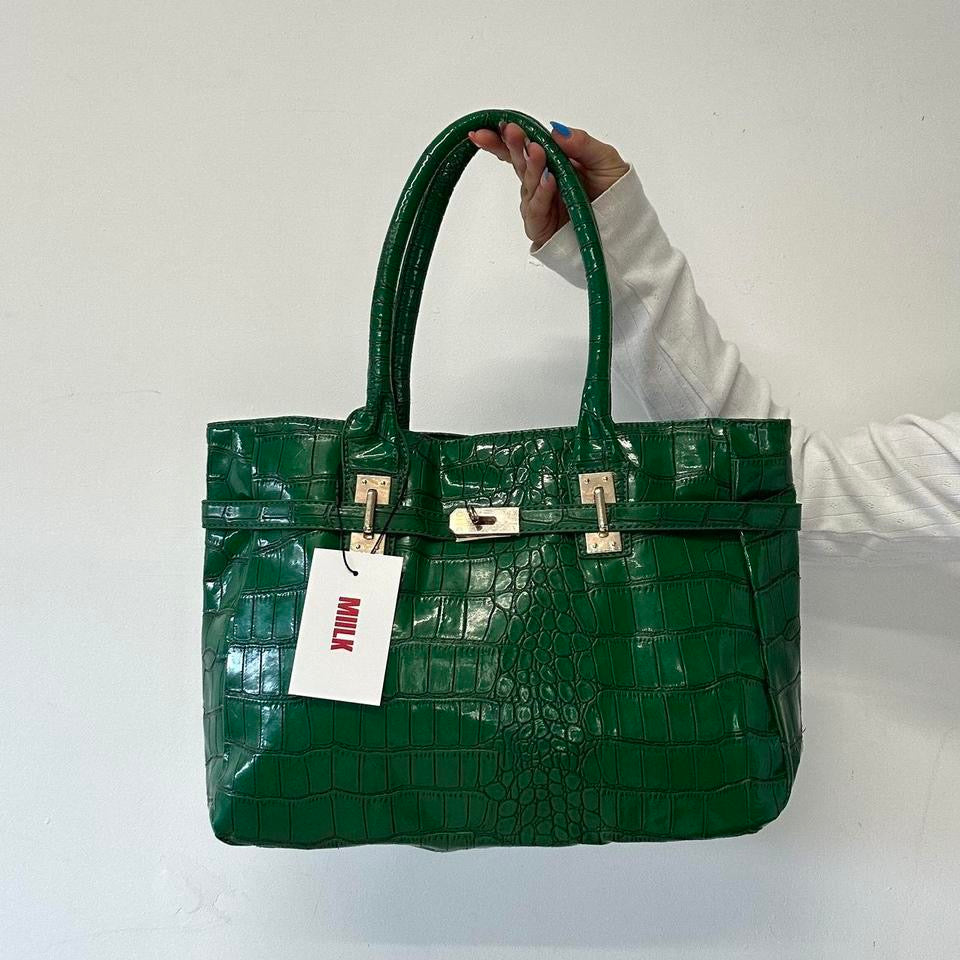 dark green croc effect firkin shoulder bag