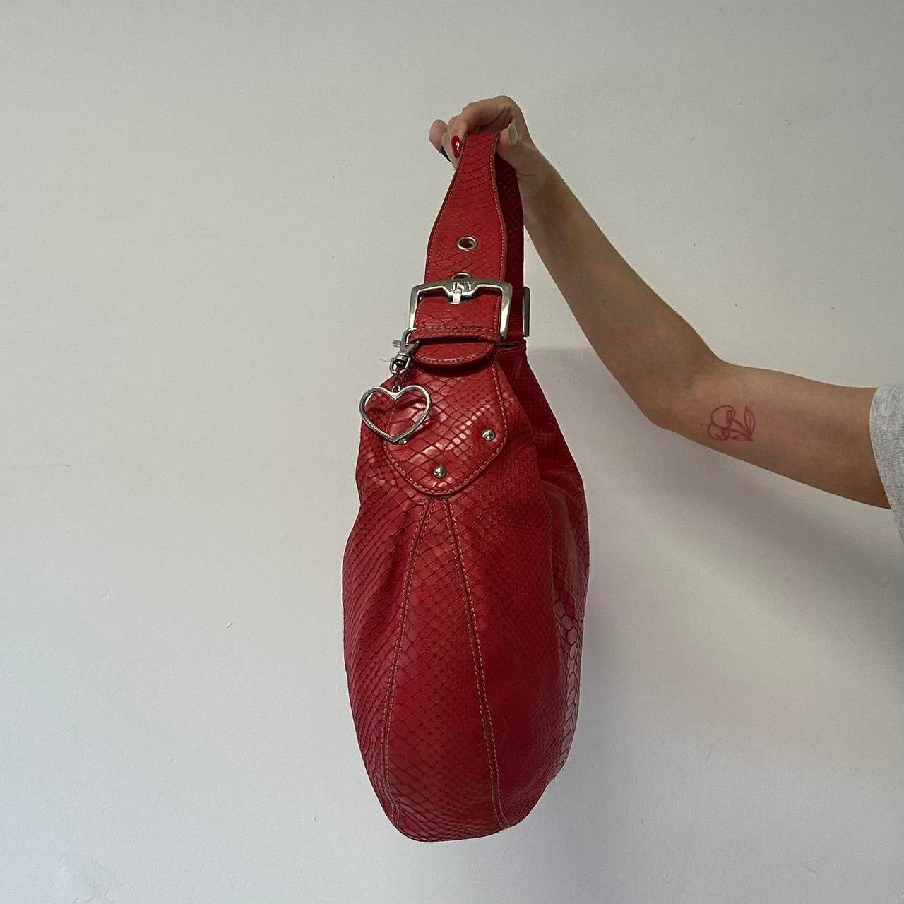 red leather croc effect buckle shoulder bag