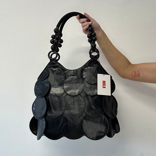 black faux leather disc beaded shoulder bag