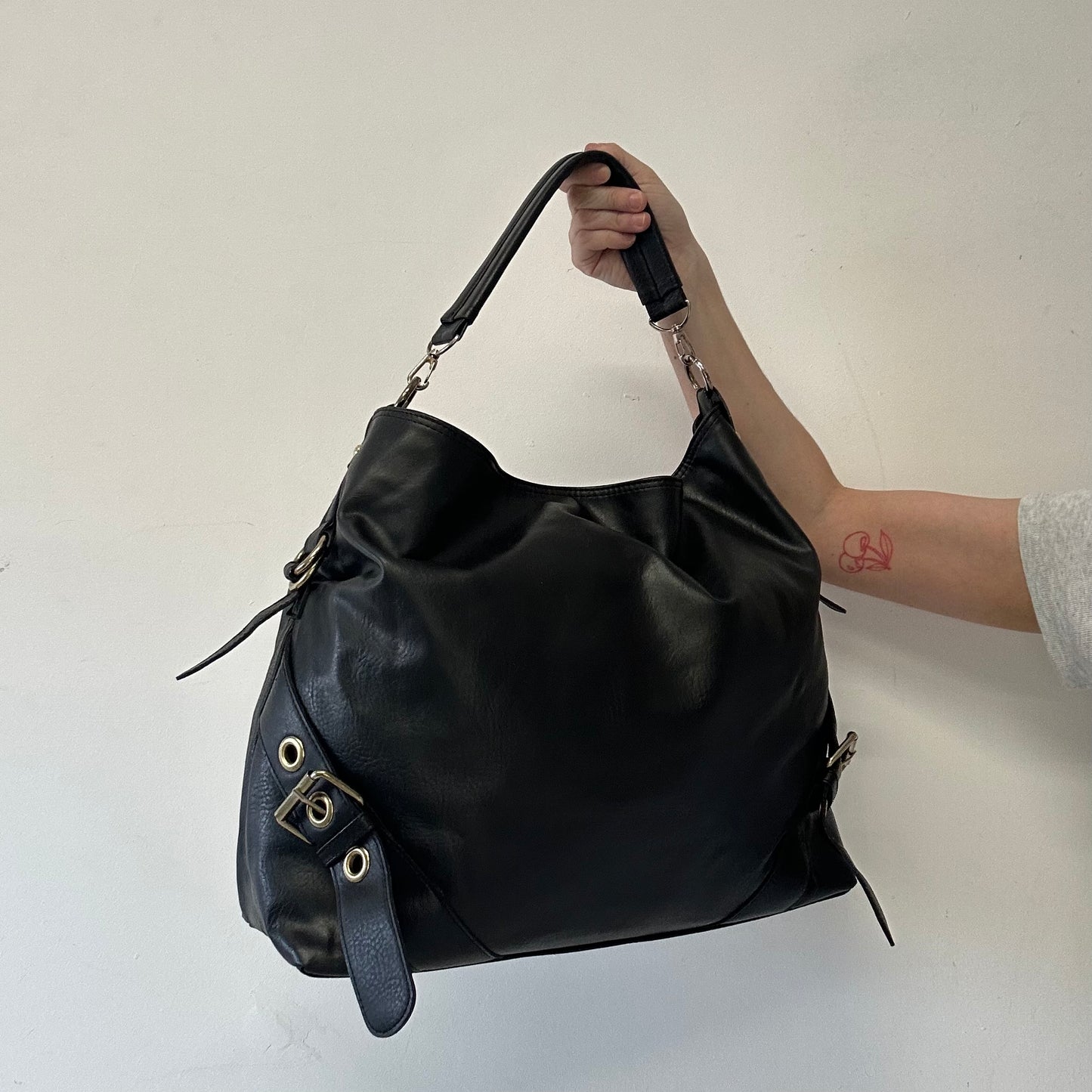 black double buckle faux leather shoulder bag