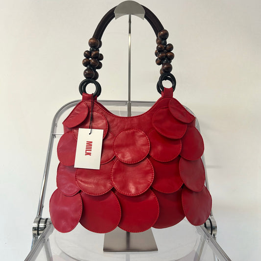 red faux leather disc beaded shoulder bag