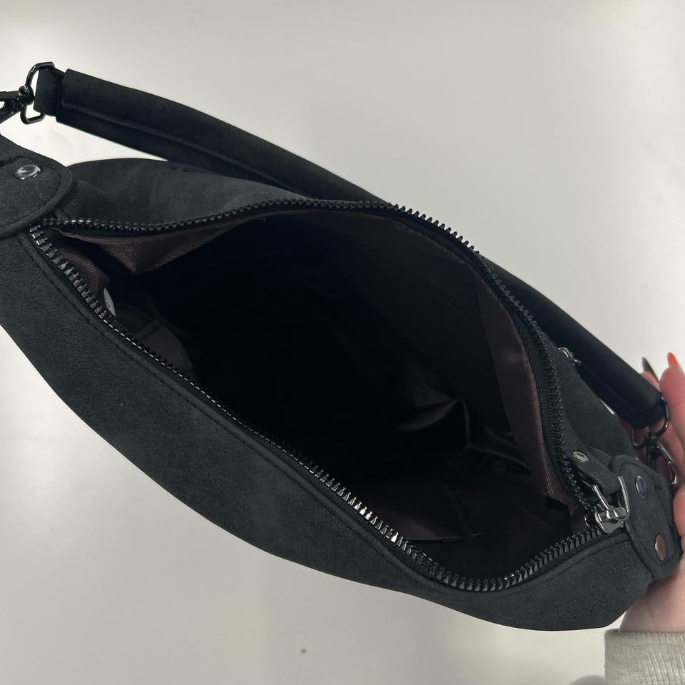 black faux leather double zip shoulder bag