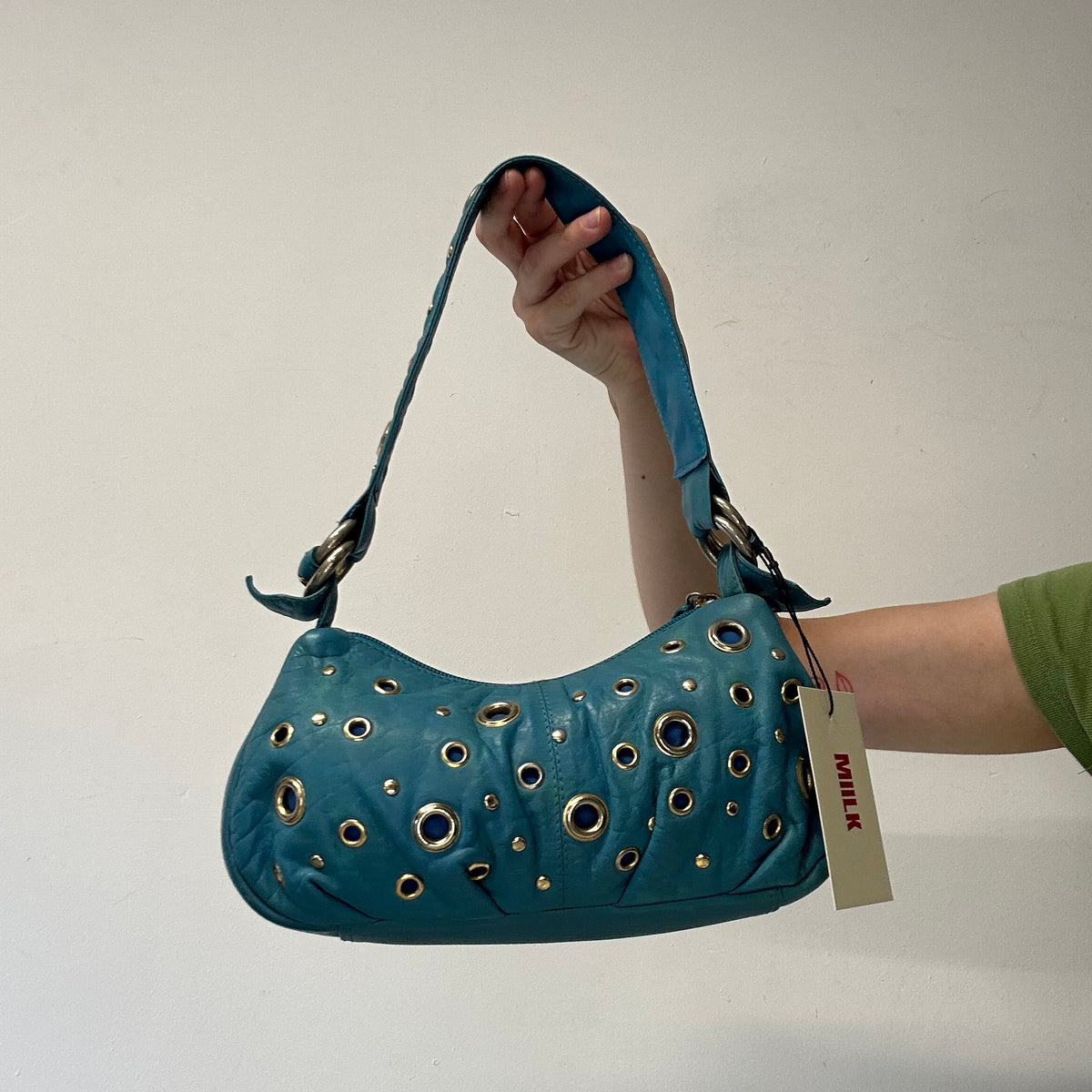 blue genuine leather eyelet shoulder bag