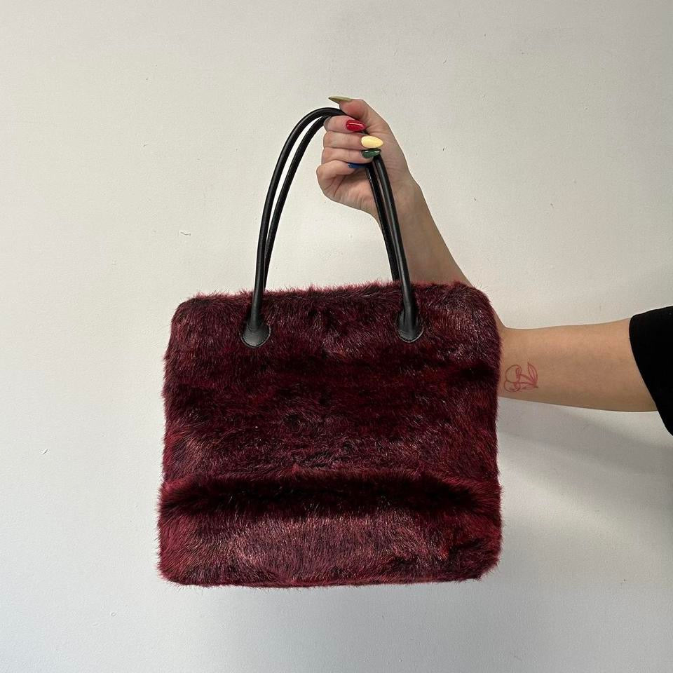 red and black faux fur shoulder bag
