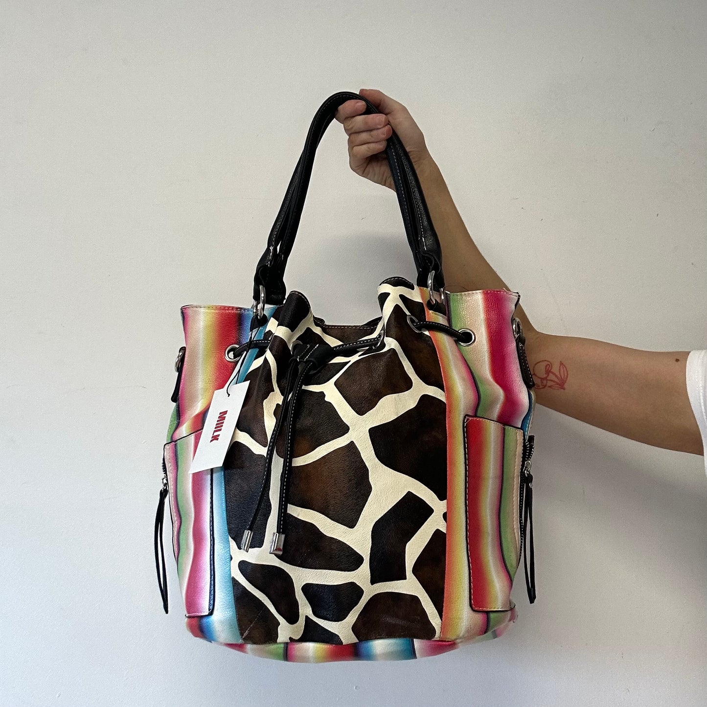 multicoloured faux leather giraffe print shoulder bag