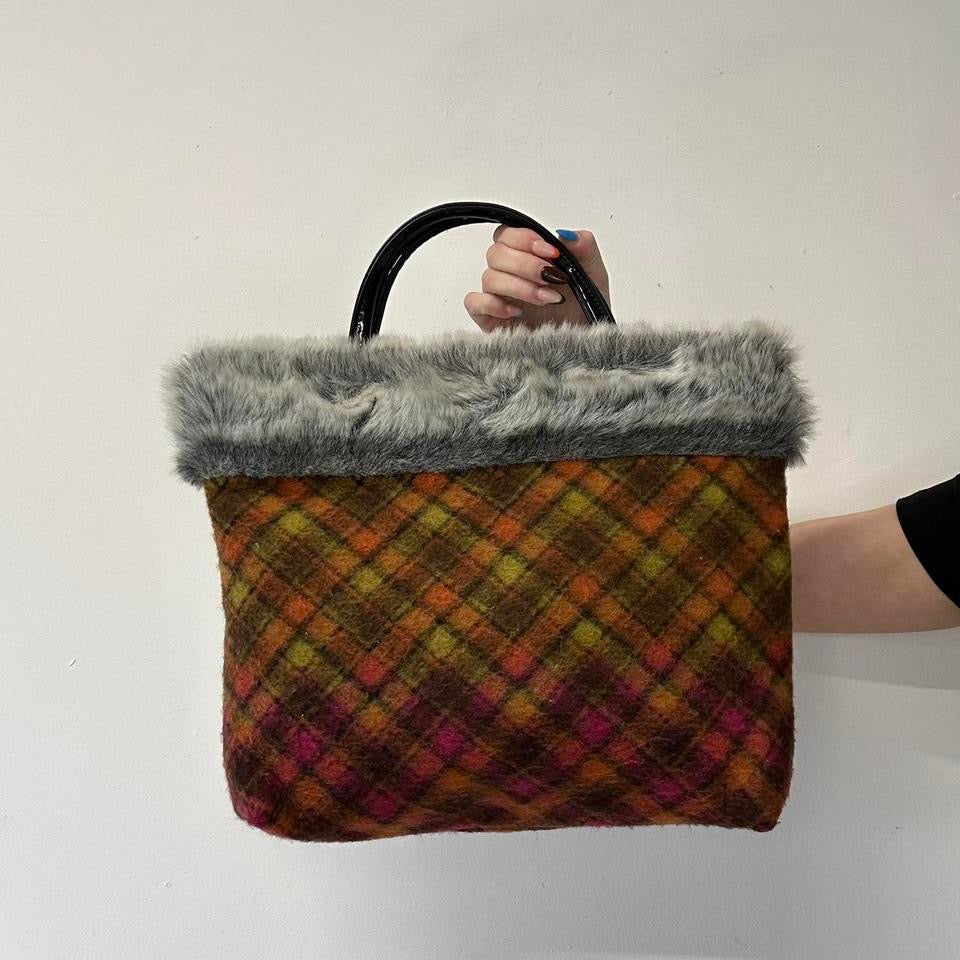 orange and pink plaid faux fur handbag