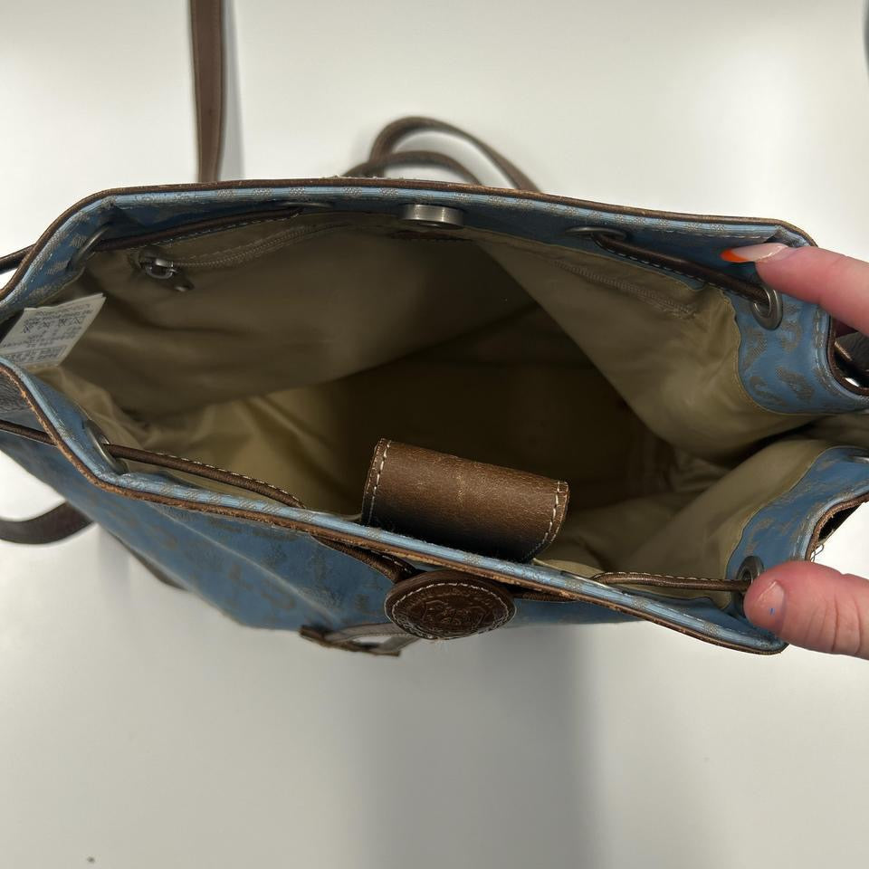 blue and brown crossbody drawstring bag