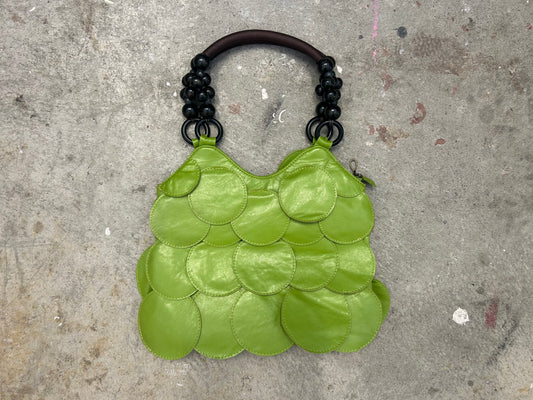 green faux leather disc beaded shoulder bag