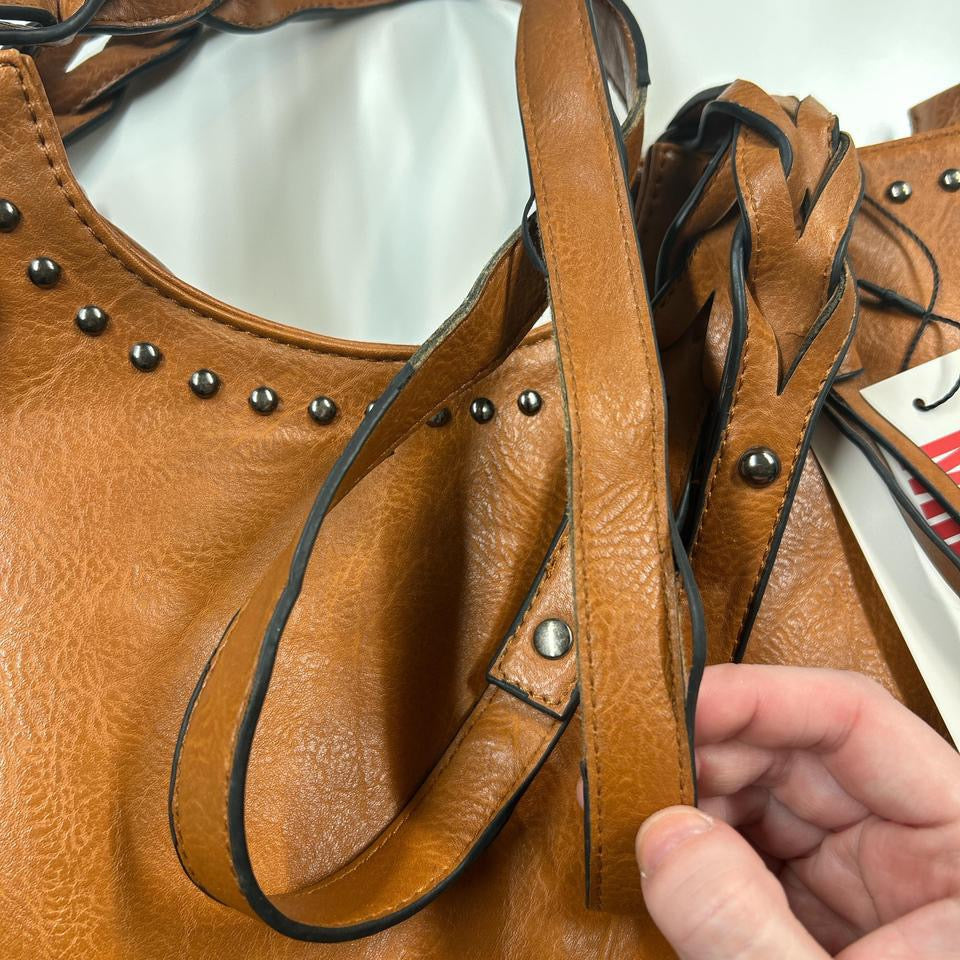 tanned studded faux leather shoulder bag