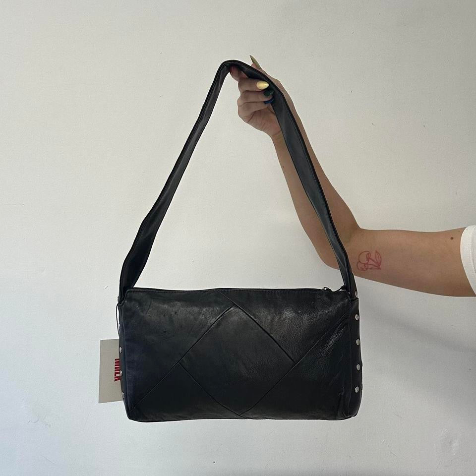 black faux leather studded shoulder bag