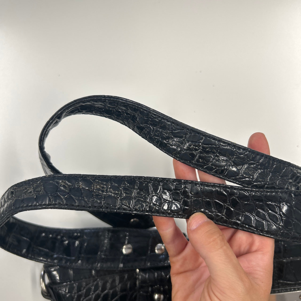 black double zip croc effect faux leather shoulder bag