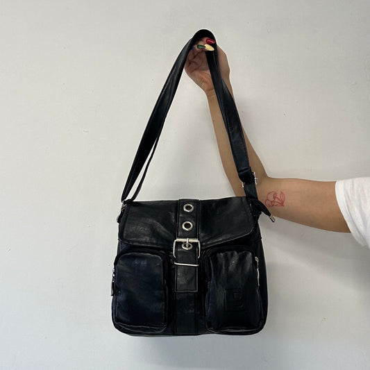 black faux leather double pocket  shoulder bag