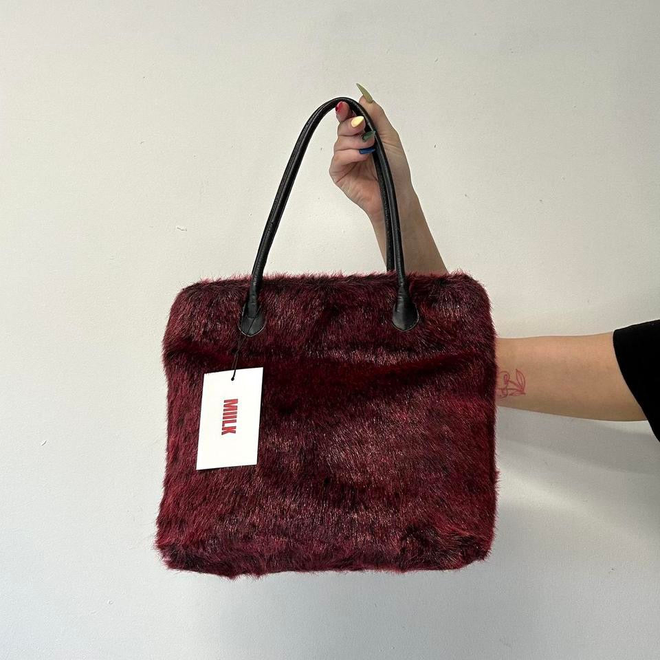 red and black faux fur shoulder bag