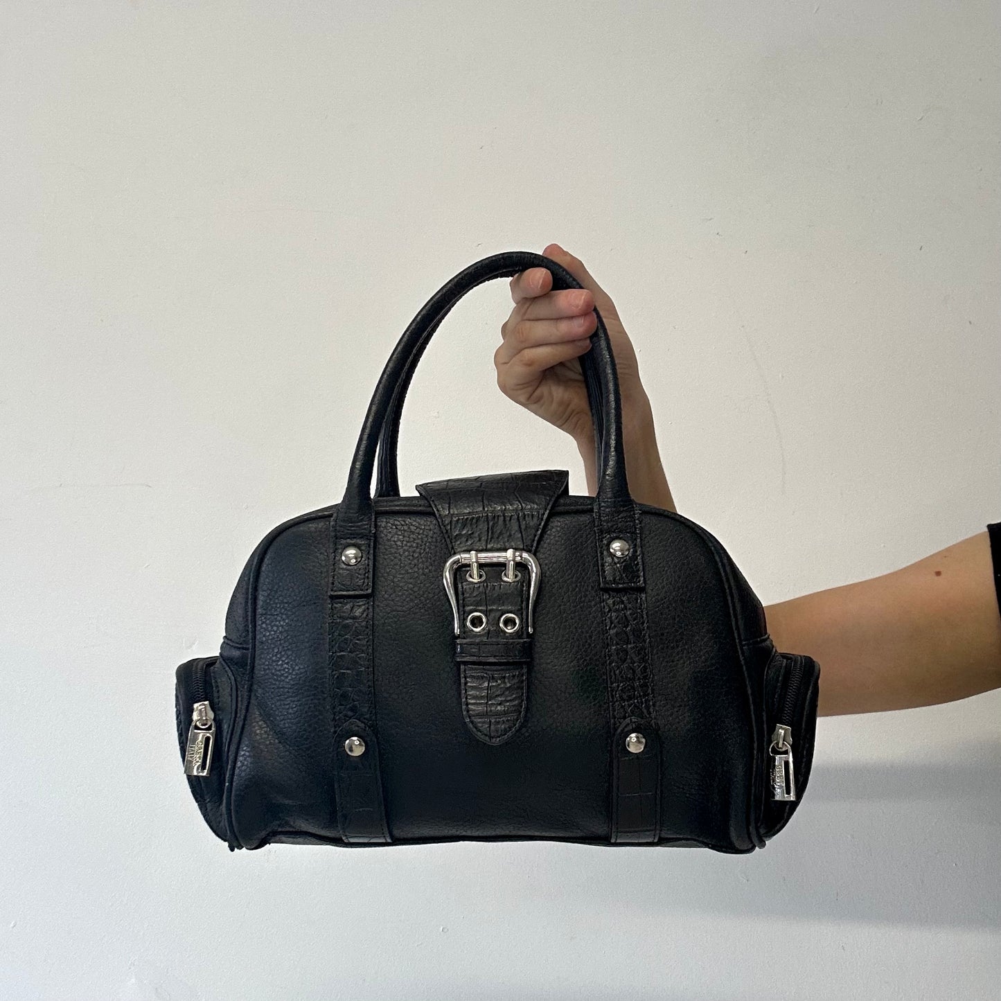 black genuine leather buckle shoulder bag