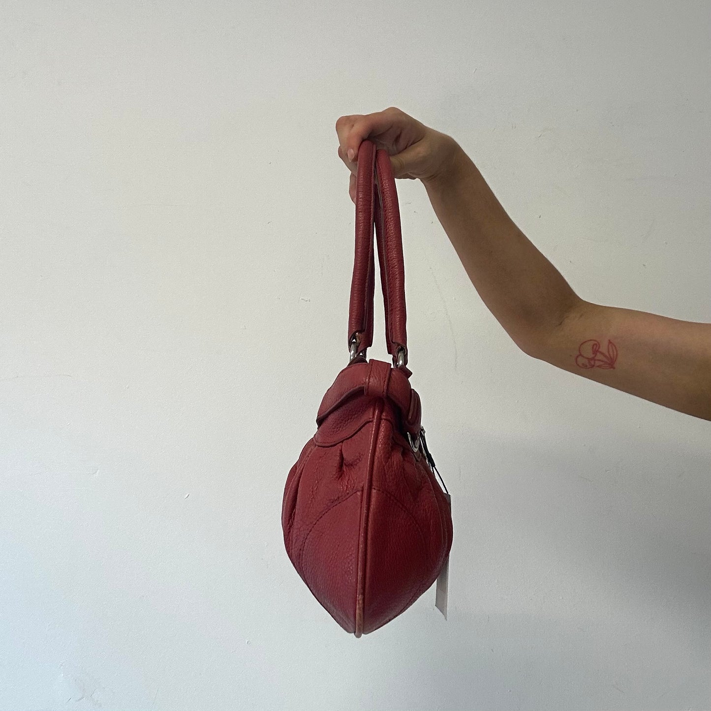 red genuine leather double buckle  shoulder bag