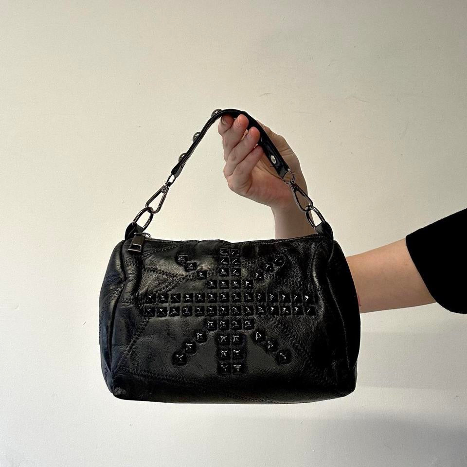 black studded faux leather mini hand bag