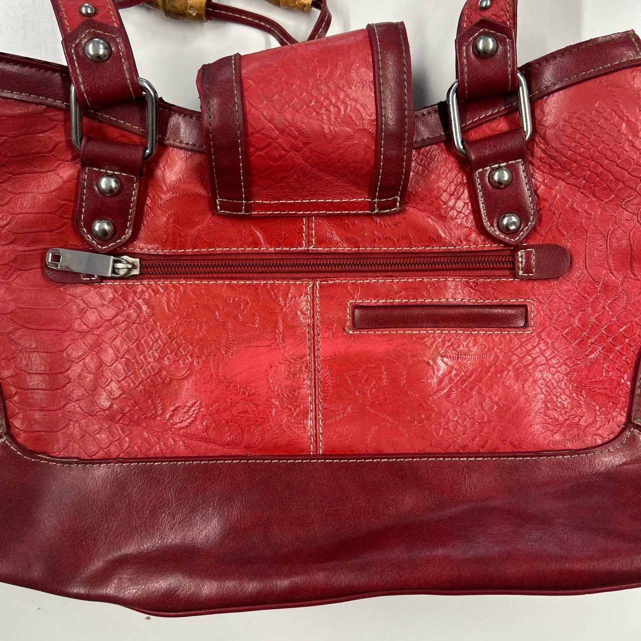 red faux leather croc effect studded  shoulder bag