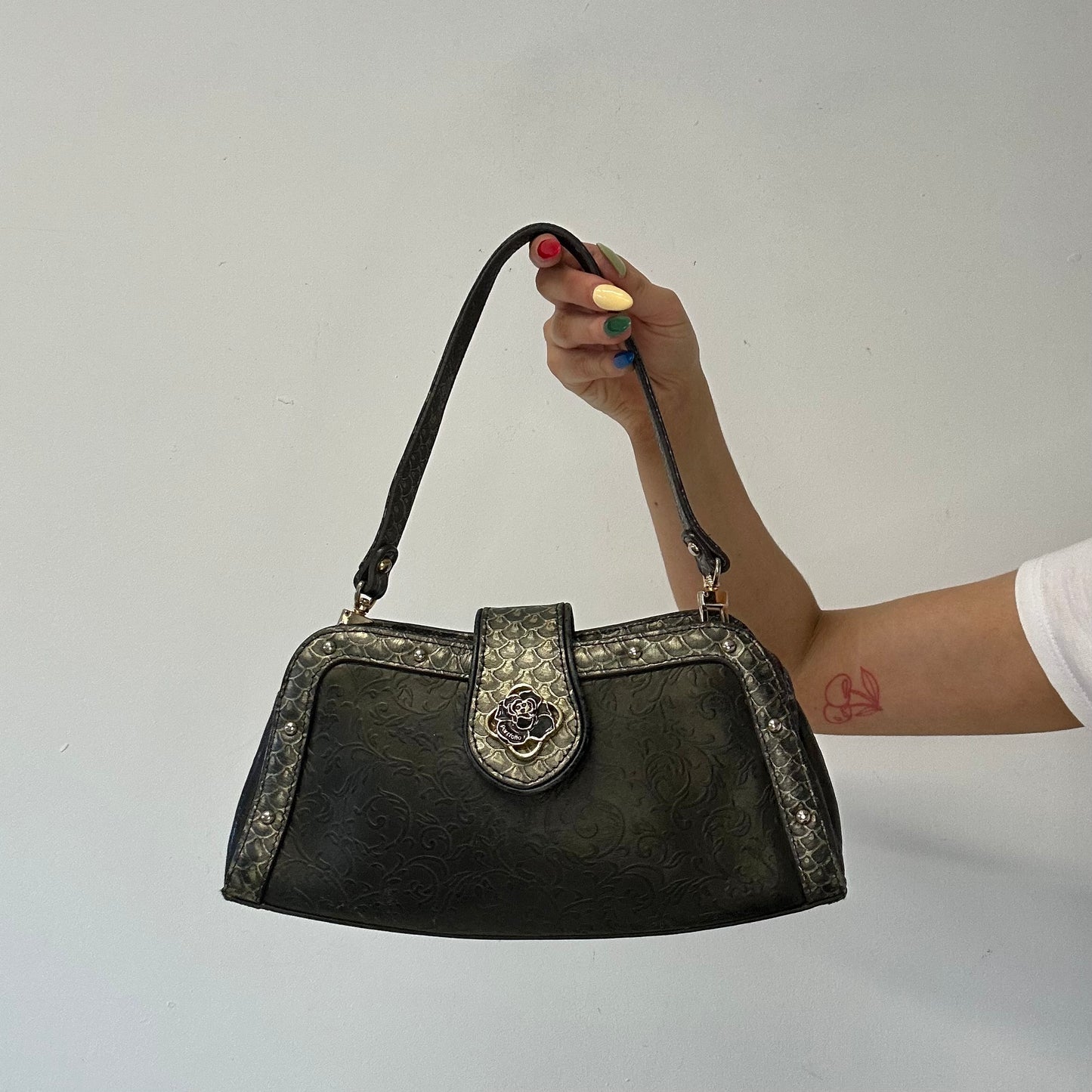 grey faux leather studded floral shoulder bag