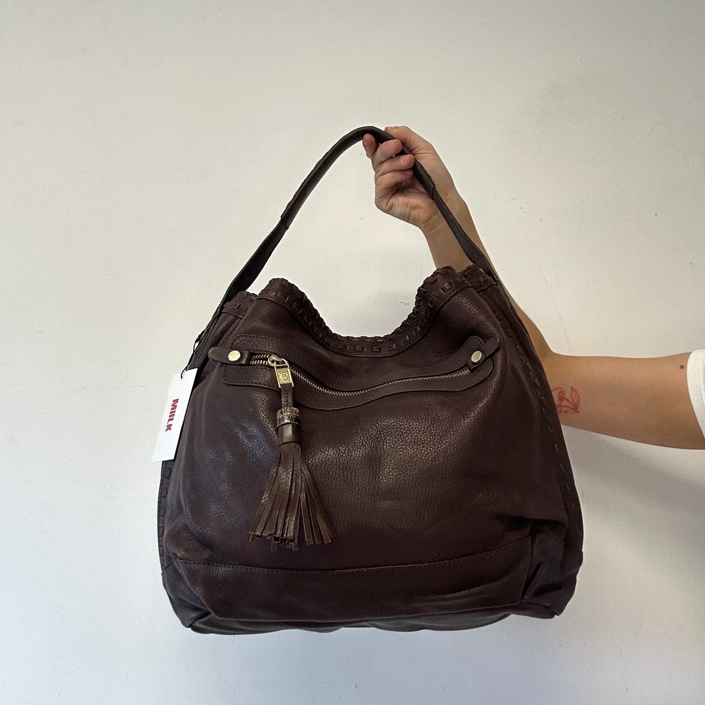 brown slouchy genuine leather shoulder bag