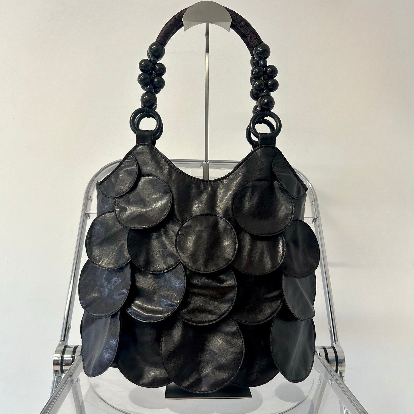 dark brown faux leather disc beaded shoulder bag