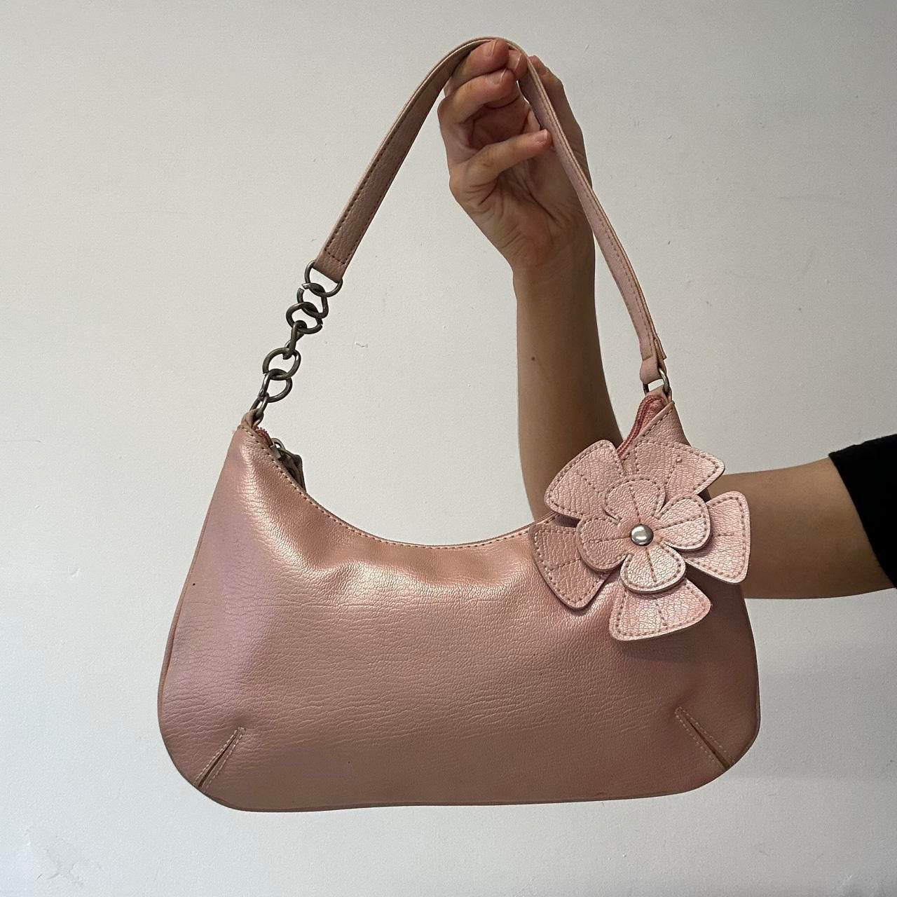 pink flower faux leather shoulder bag