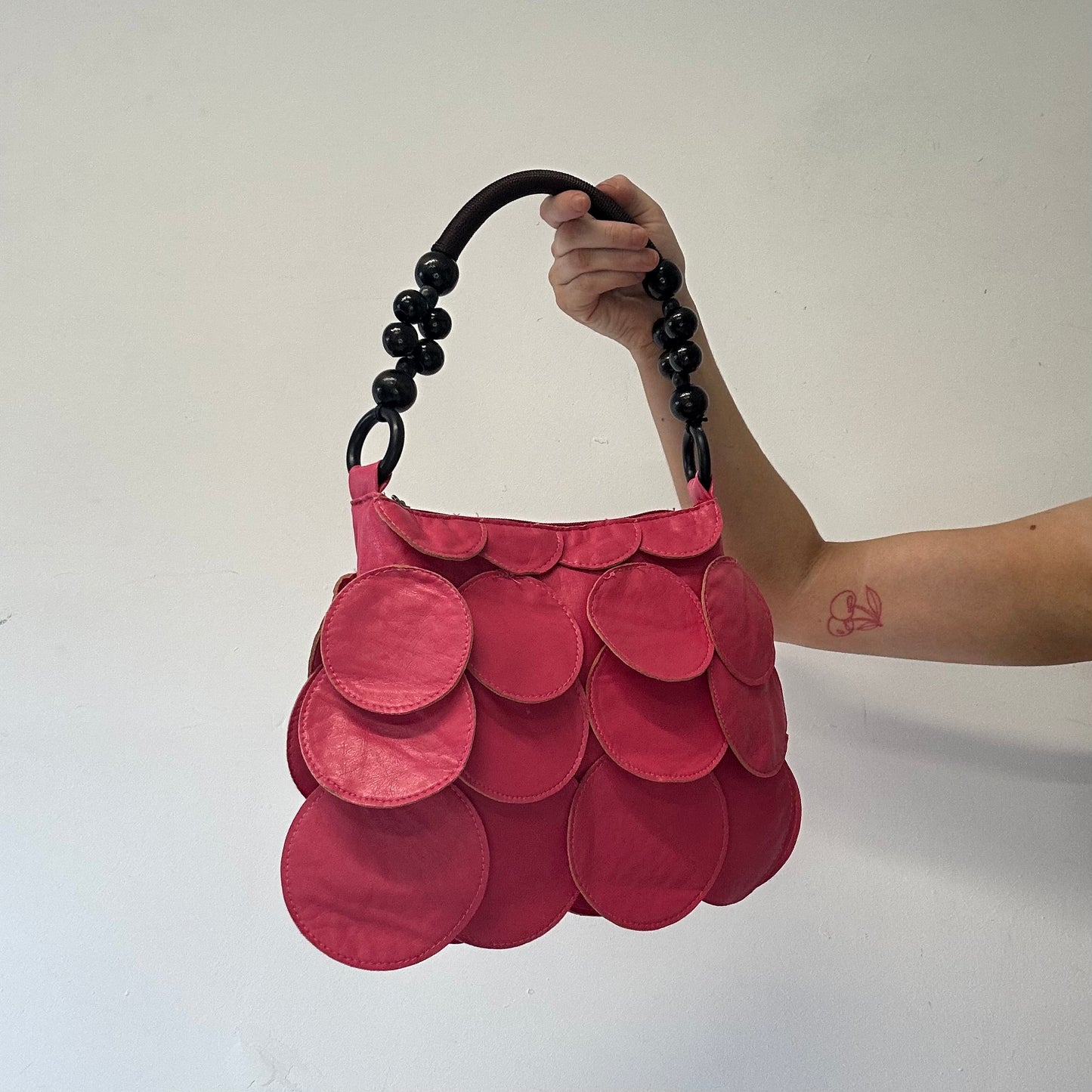 hot pink faux leather disc beaded mini shoulder bag
