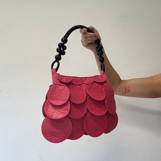 hot pink faux leather disc beaded mini shoulder bag