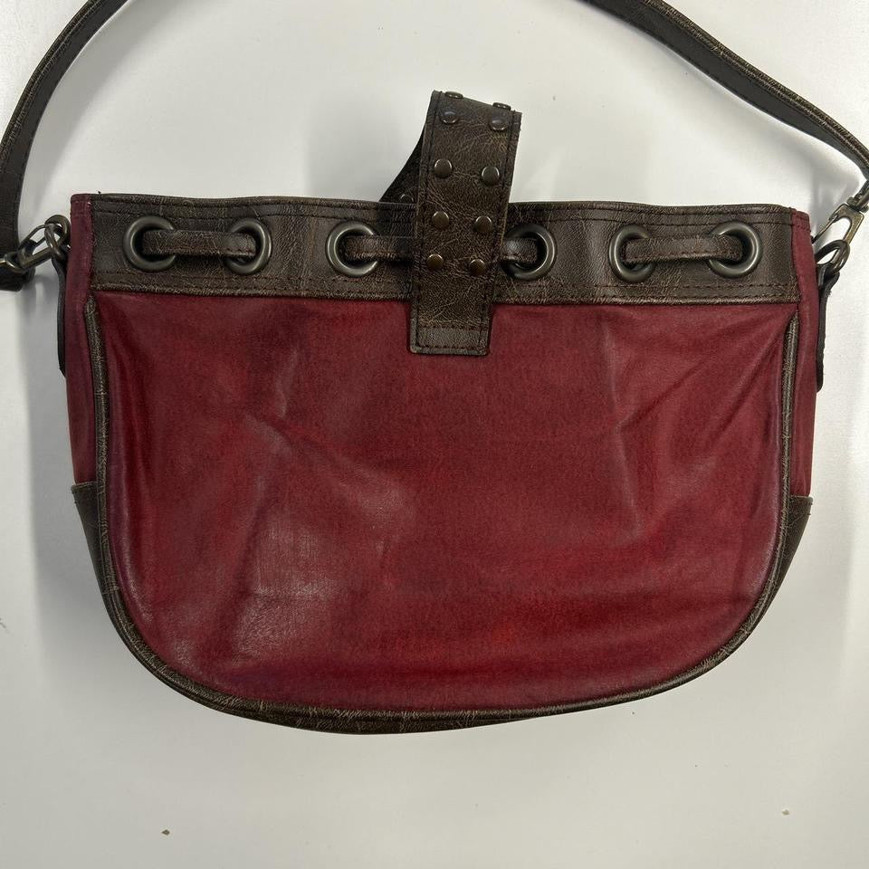 red and brown studded  faux leather shoulder bag